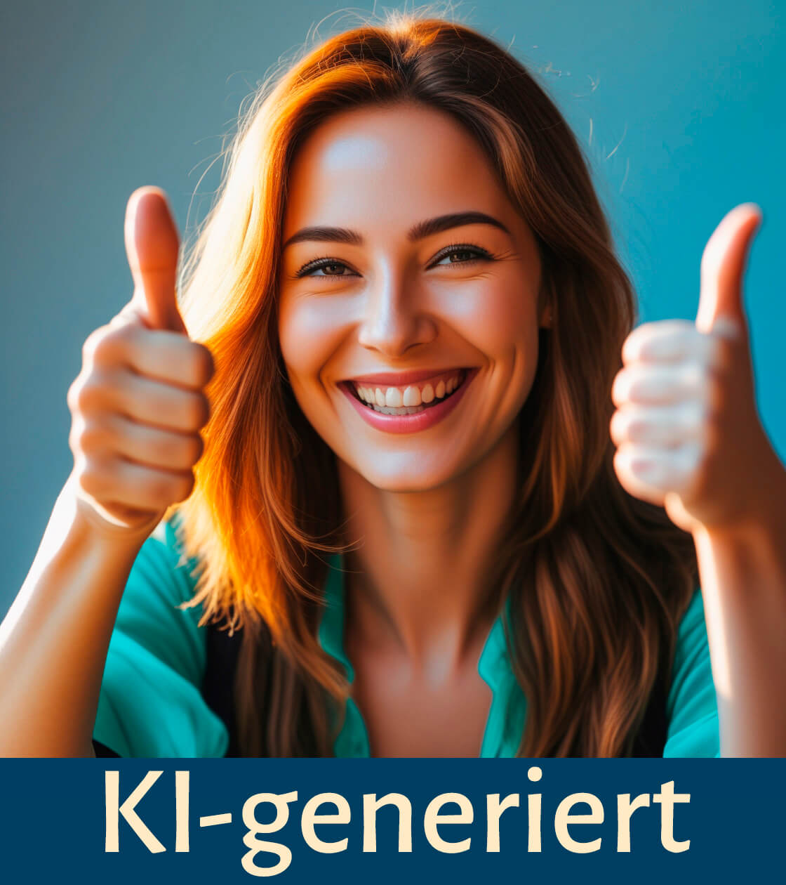 Lächelnde junge Frau hält beide Daumen hoch als KI-Illustration für ein Kundinnen Testimonial zum Emotionscoaching bei Stress